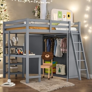 Multi-Functional Full Size Loft Bed with Wardrobe and Desk, Sturdy Construction & Safety Guaranteed, Maximized Space, Grey
