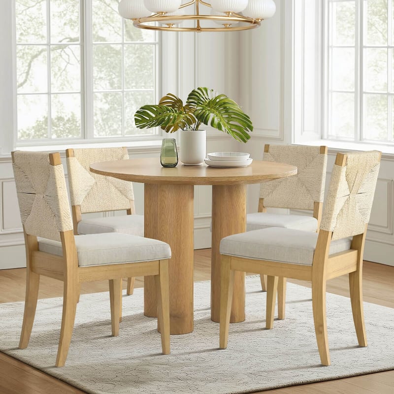 Woven Back Upholstered Seat Dining Chair with Wood Legs(Set of 4) - Beige