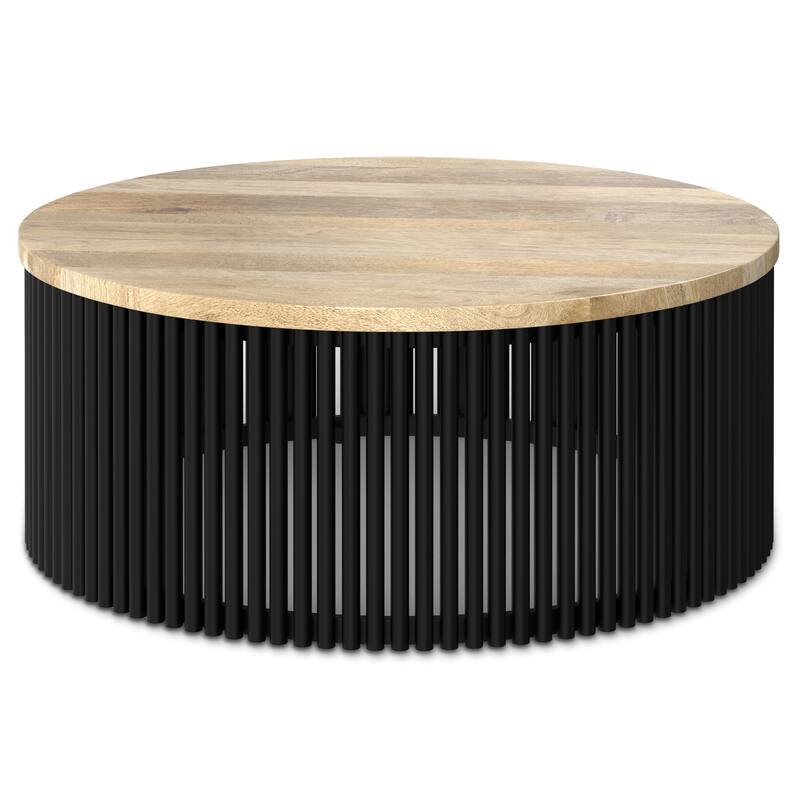 Simpli Home Demy 35" Wide Round Industrial Coffee Table in Natural, Black, Fully Assembled - 35" D x 35" W x 14" H