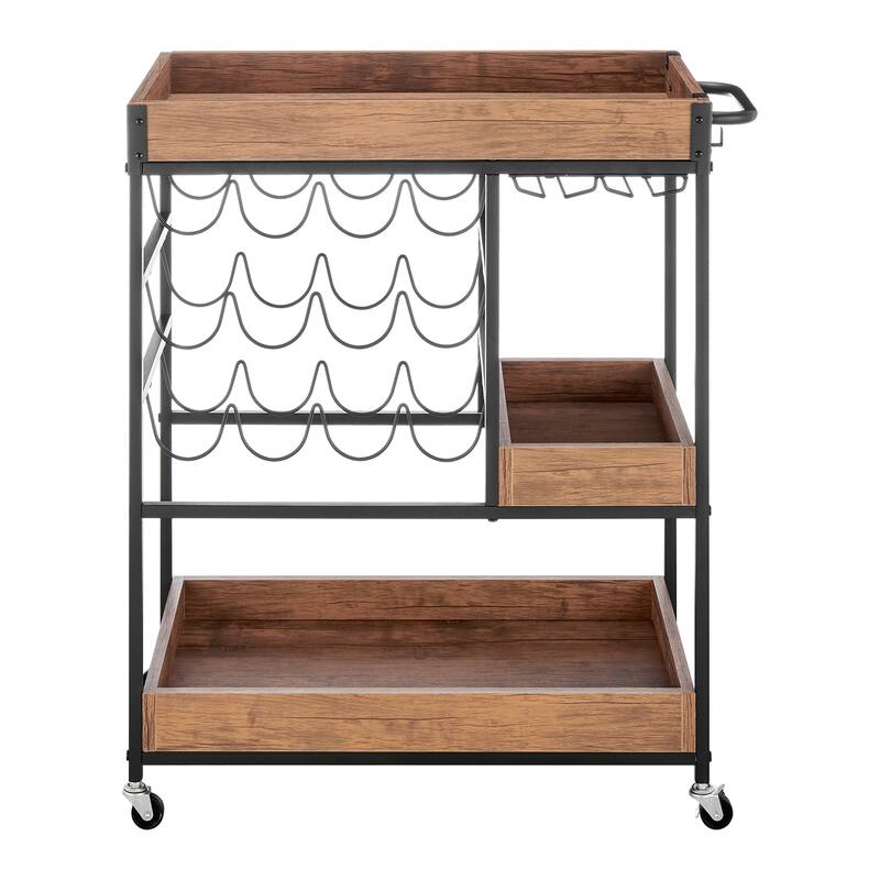 Rustic Walnut Veneer and Metal Rolling Farmhouse Wine Bar Cart with Wine Bottle and Glass Rack - Walnut