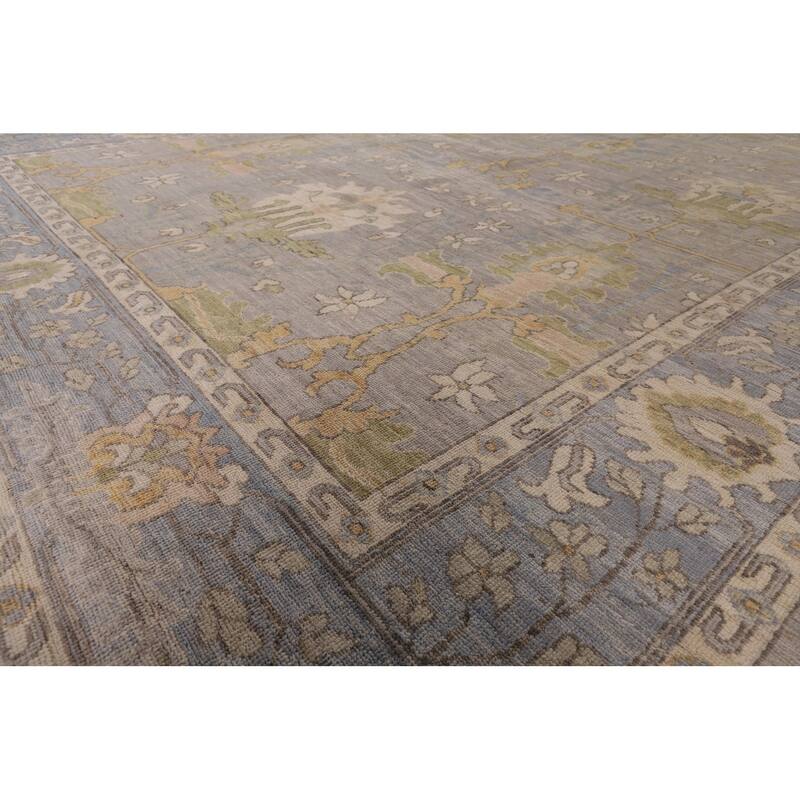 Vegetable Dye Oushak Turkish Area Rug Handmade Floral Grey Wool Carpet - 9'1" x 11'11"