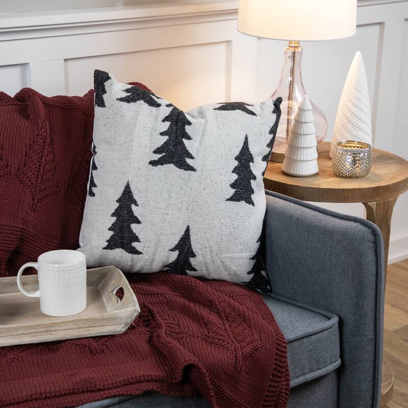 17" White and Black Forest Trees Worsted Christmas Square Throw Pillow