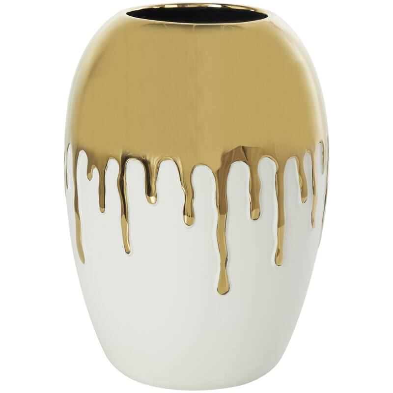 Ceramic Decorative Vase with Abstract Gold Melting Drips - White - CosmoLiving by Cosmopolitan - White