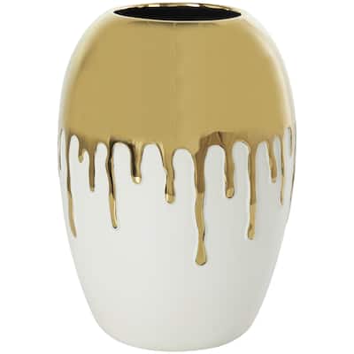 Ceramic Decorative Vase with Abstract Gold Melting Drips - White - CosmoLiving by Cosmopolitan