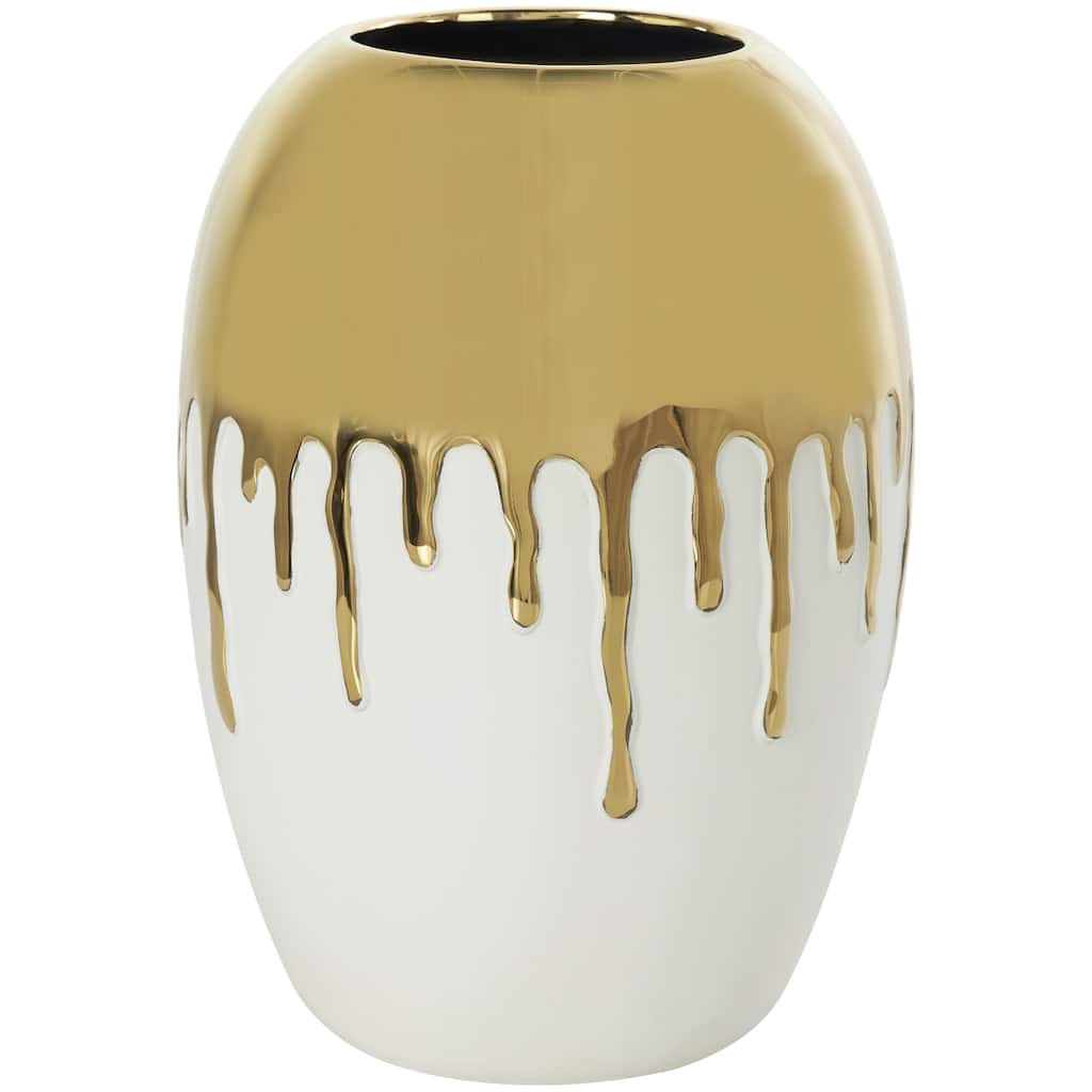 Ceramic Decorative Vase with Abstract Gold Melting Drips - White - CosmoLiving by Cosmopolitan