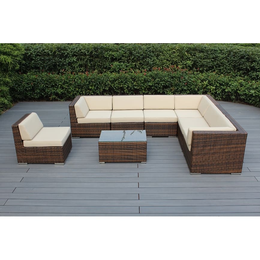 Ohana Outdoor Patio 8 Piece Mixed Brown Wicker Sectional with Cushions - No Assembly