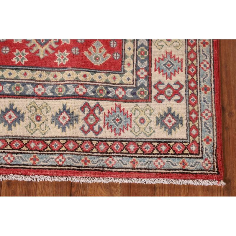 Geometric Kazak Accent Rug Handmade Red Wool Carpet - 3'2"x 5'0"
