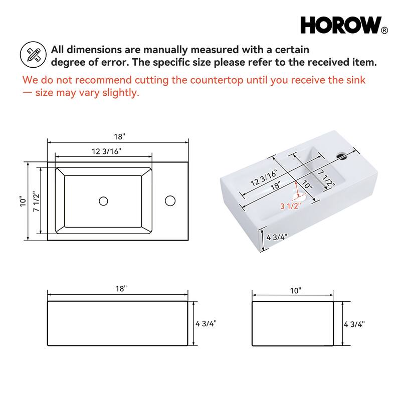 HOROW Right Hand White Ceramic Wall-Mounted Rectangle Vessel Sink Porcelain