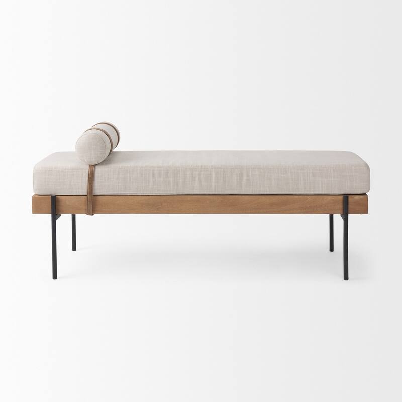 Colburne Cream Fabric Seat With Medium Brown Solid Wood Frame Accent Bench - 55.1"W x 16.1"D x 13.4"H