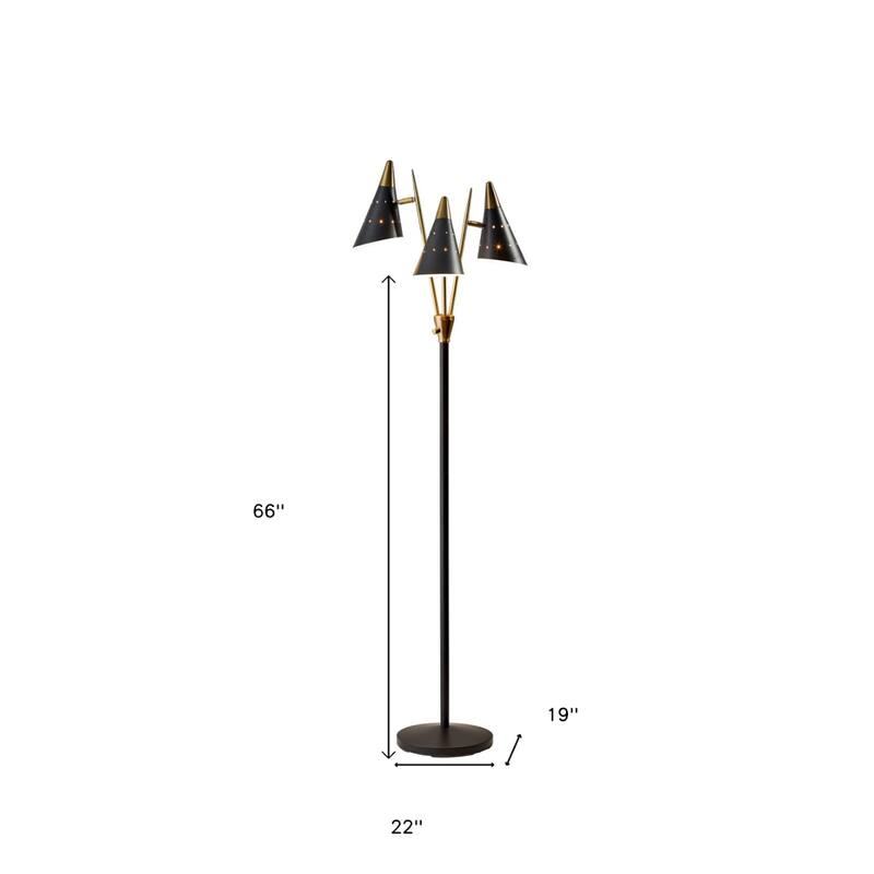 Black Metal Floor Lamp with 3 Black Cone Shades Gold Accents Rotary Switch - 19” x 22” x 66” (D x W x H)