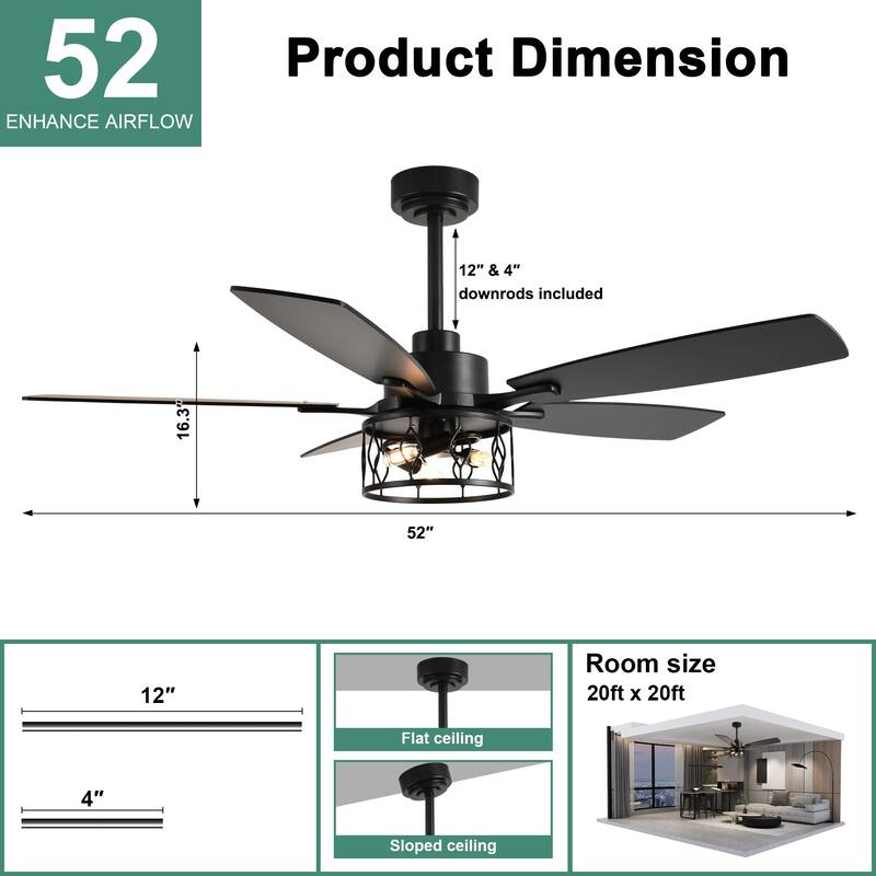 Cusp Barn 52 Inch Industrial Caged Ceiling Fan with Light and Remote, Farmhouse Quiet DC Motor Reversible Chandelier Ceiling Fan