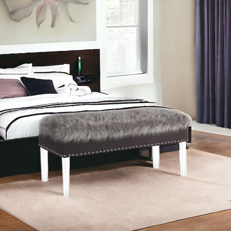 HomeRoots 42" Gray and Clear Upholstered Faux Fur Bench with Flip top - Gray