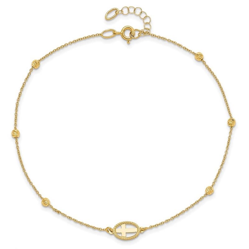 Curata 14k Yellow Gold 9.1+1" Religious Cross and Textured Bead Station Anklet (Spring-ring)