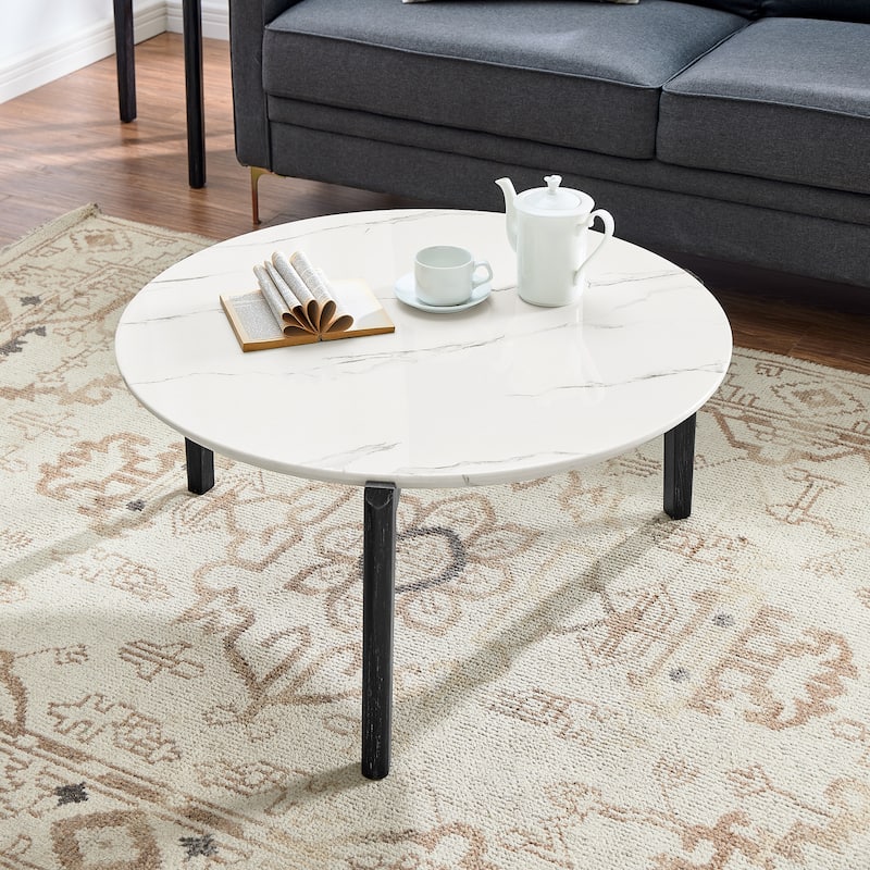 Living Room Coffee Table,36 Inch Round Small Coffee Table,Imitation Marble Tabletop With Rubber Wood Legs,Wooden Coffee Table - White