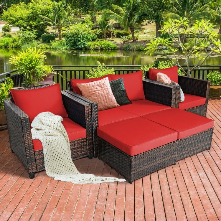 5 Pieces Patio Cushioned Rattan Furniture Set - 50" x 30.5" x 29" (L x W x H)