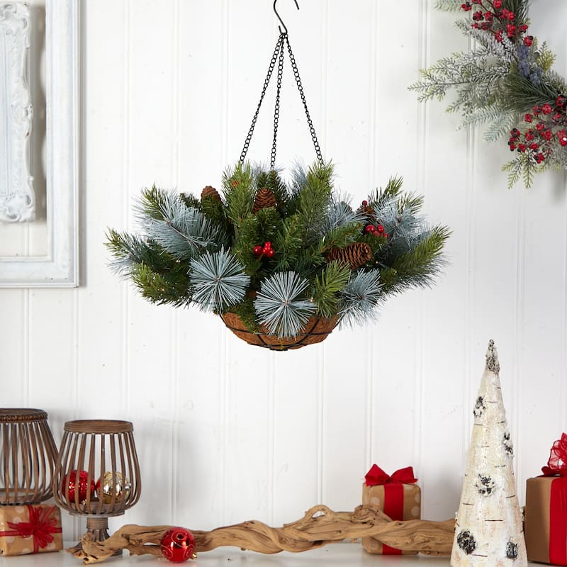 24" Pre-Lit Pine and Berries Artificial Christmas Hanging Basket, LED Lights