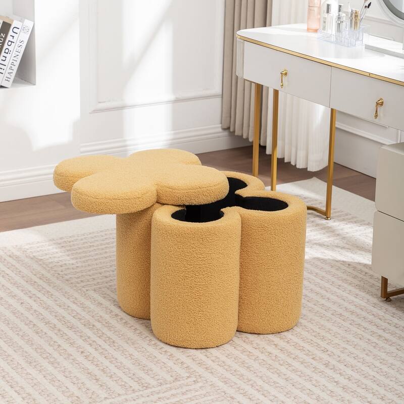 SEYNAR Modern Glam Teddy Velvet Flower Shape Storage Ottoman