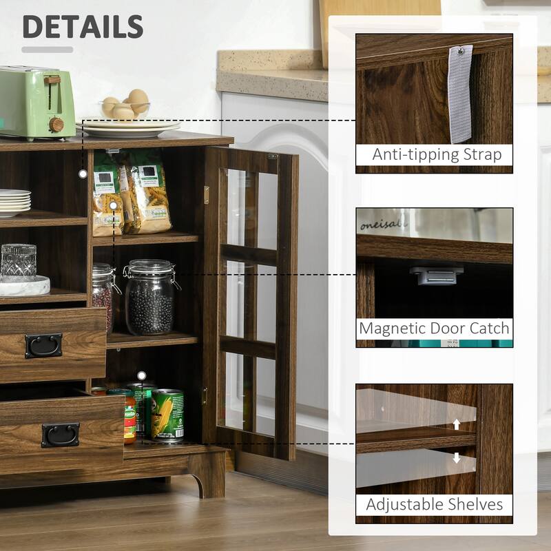 HOMCOM Sideboard Storage Cabinet, Kitchen Cupboard Buffet Server with Glass Doors, 2 Drawers & Adjustable Shelves