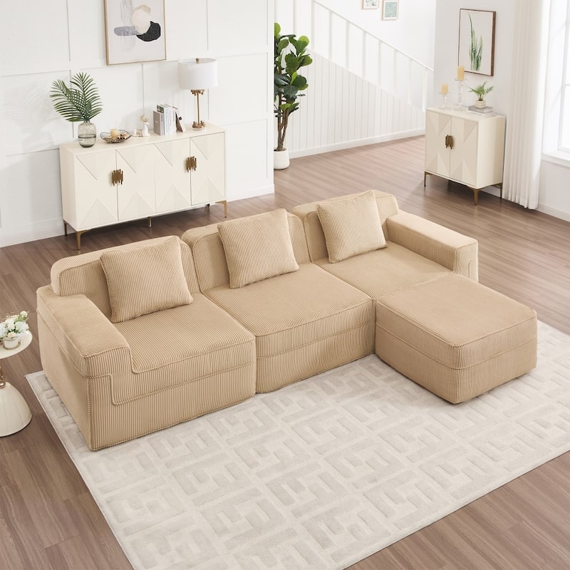 Modular L-shaped Deep Seat Boneless Cloud Sectional Sofa with Throw Pillows & Ottoman