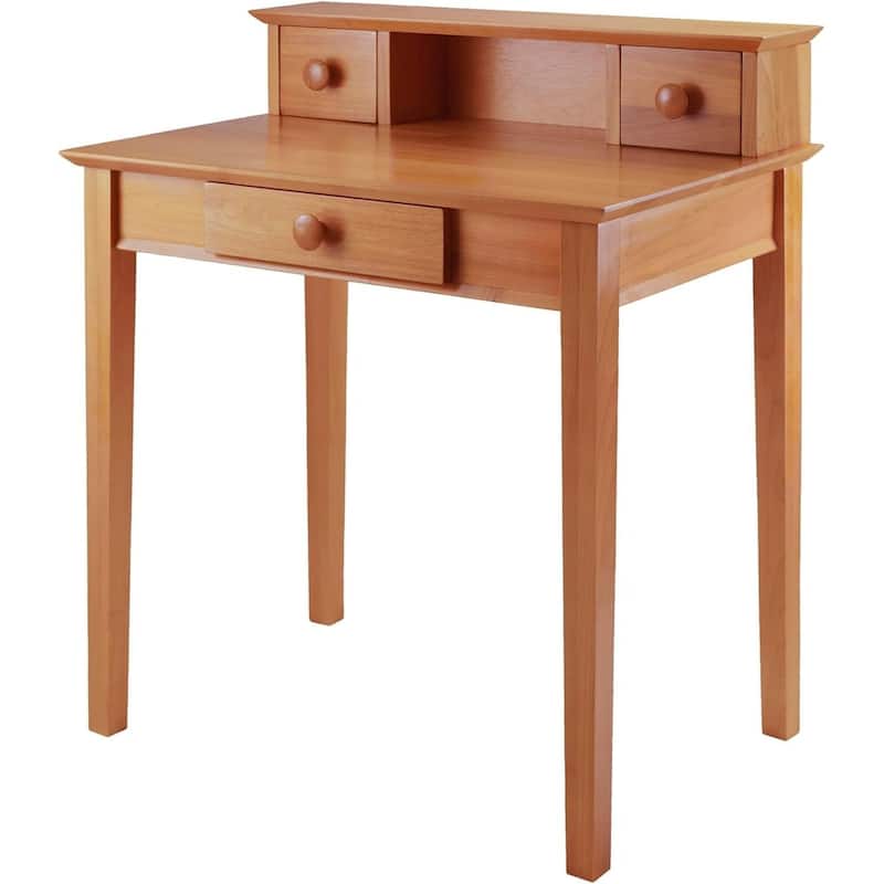 Writing Desk with Hutch - Honey Pine Finish, 3 Drawers, Home Office Desk, Light Wood Workspace