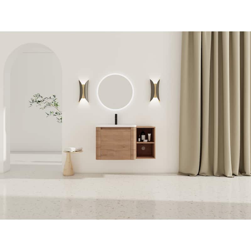 Wall-Mounted Bathroom Vanity with Ceramic Sink and Storage Shelves