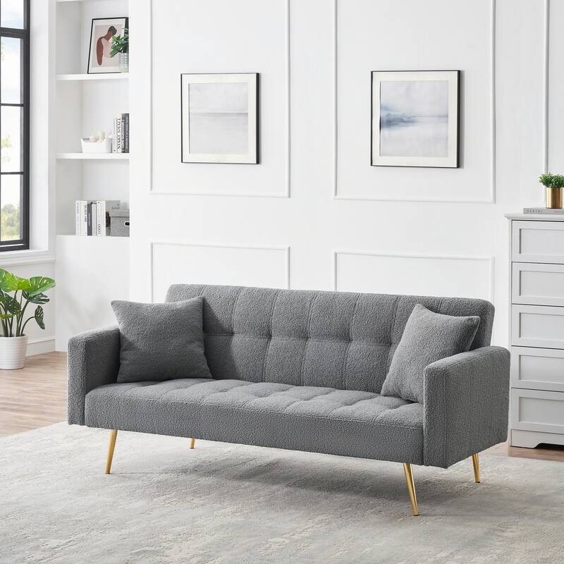 71.7 inch Grey Teddy Fleece Sofa Bed with Two Pillows