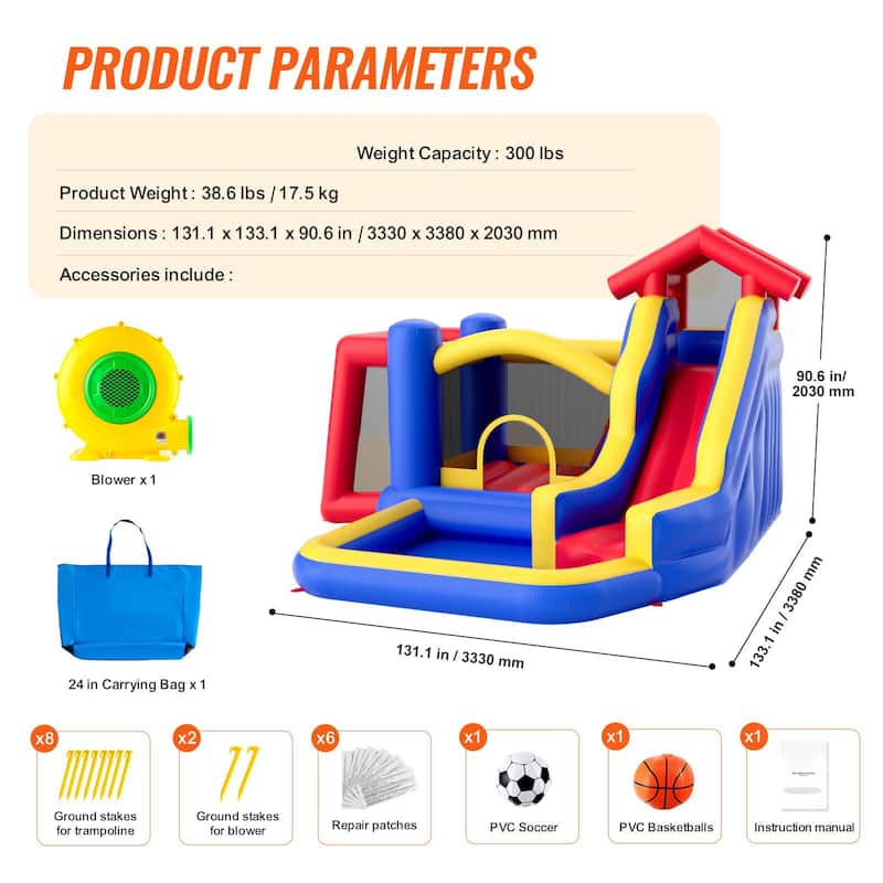 Inflatable Outdoor Trampoline Jumping Bouncer House with Blower Slide and Storage Bag - 131.1” x 133.1” x 90.6”