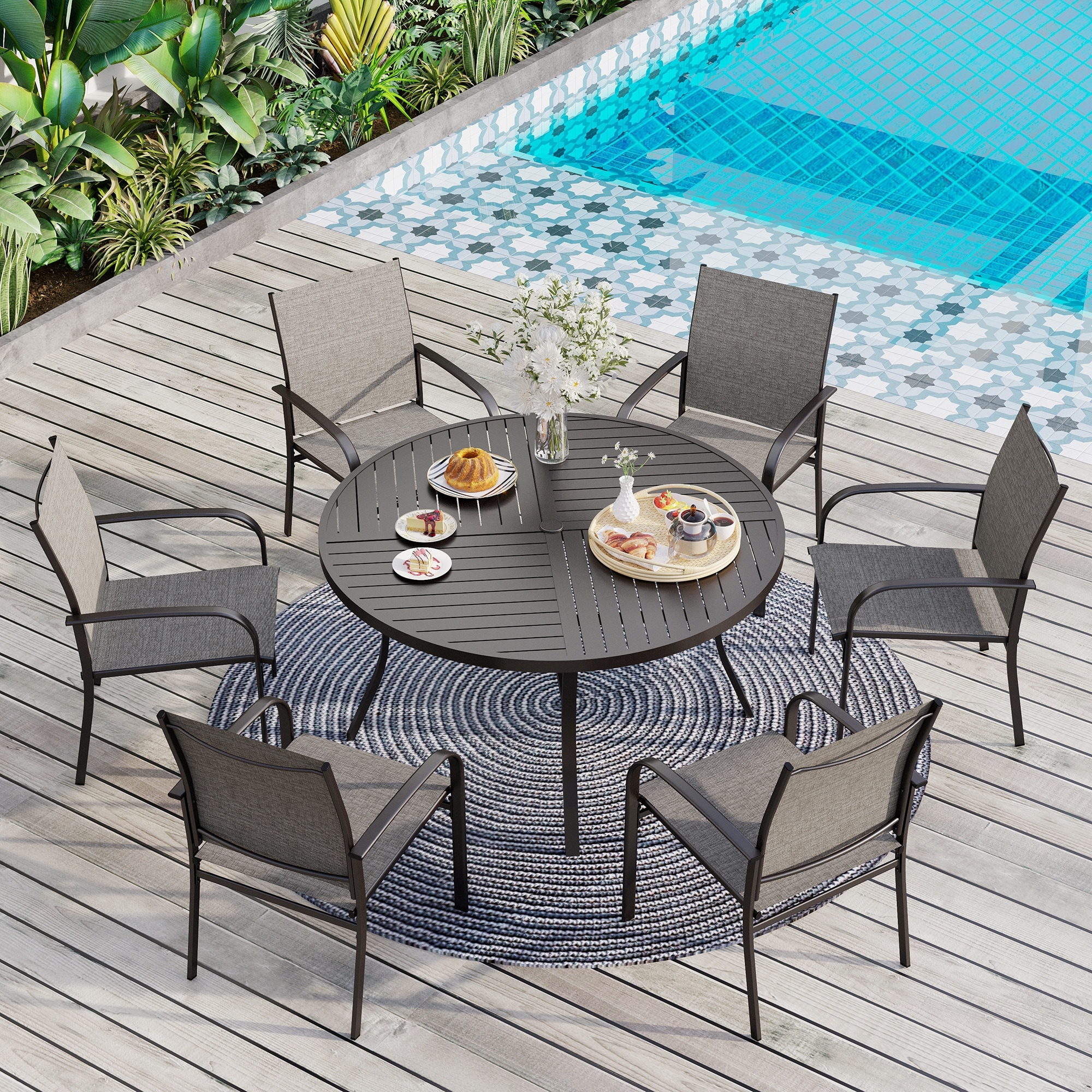 7-Piece Patio Dining Set for 6, Large Round Dining Table with Umbrella Hole & Textilene Dining Chairs