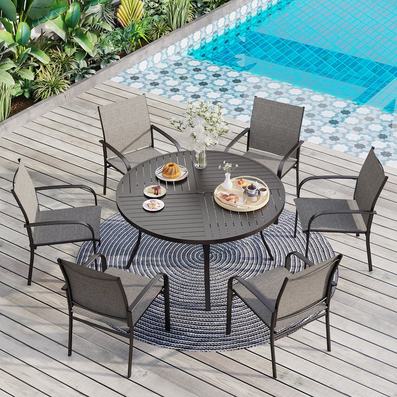 MAISON ARTS 7-Piece Patio Dining Set for 6, Large Round Dining Table with Umbrella Hole & Textilene Dining Chairs - Brown Chairs