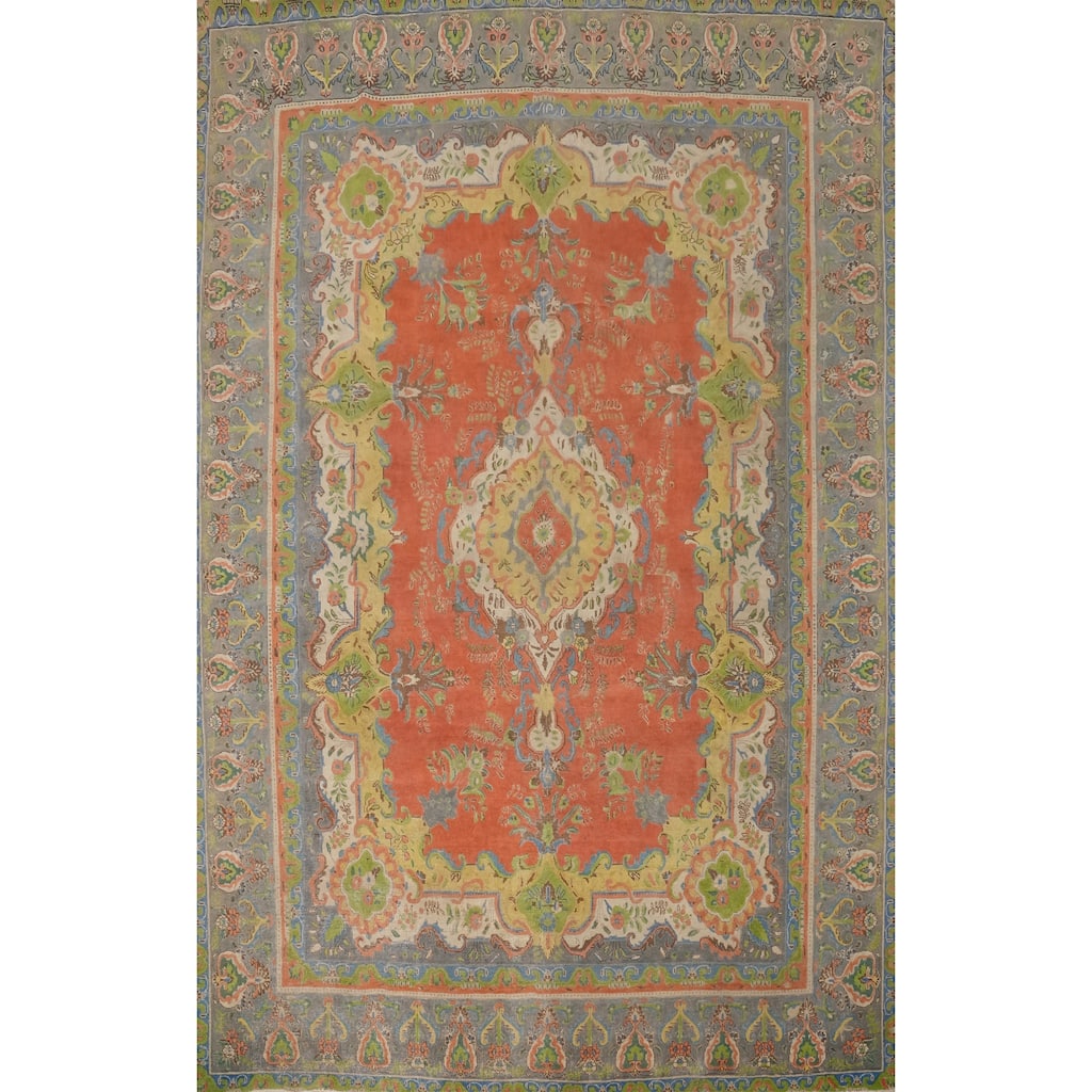 Hand Knotted Oriental 100% Wool Carpet Traditional Floral Oranges & Rust Tabriz Area Rug - 13' 2'' X 9' 9''