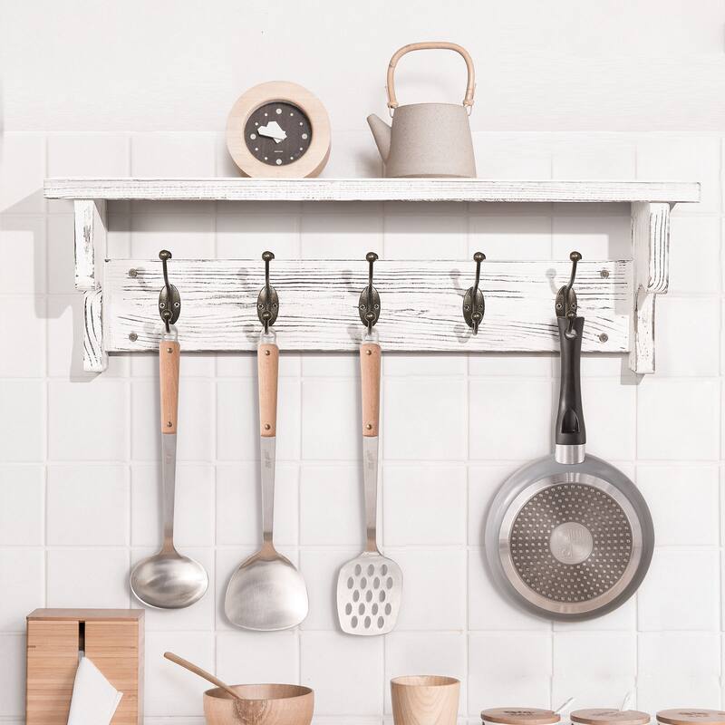 5/8 Metal Hooks Rustic Wall Mounted Coat Rack w/ Storage Shelf