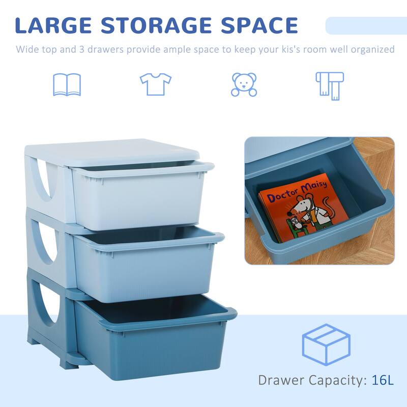 Qaba Kids Storage Unit Dresser Tower with Drawers 3 Tier Chest Toy Organizer for Bedroom Kindergarten for Boys Girls Toddlers