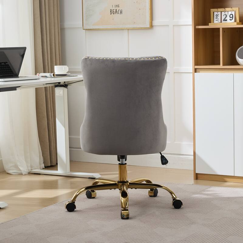 GDF Studio - Velvet Tufted Upholstered Home Office Chair with Golden Metal Base with Swivel Adjustment and Elegant Button Back