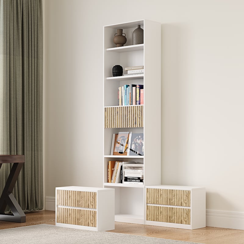 85.8'' Tall Bookcase with Movable Footstool and Open Shelves Storage Drawers