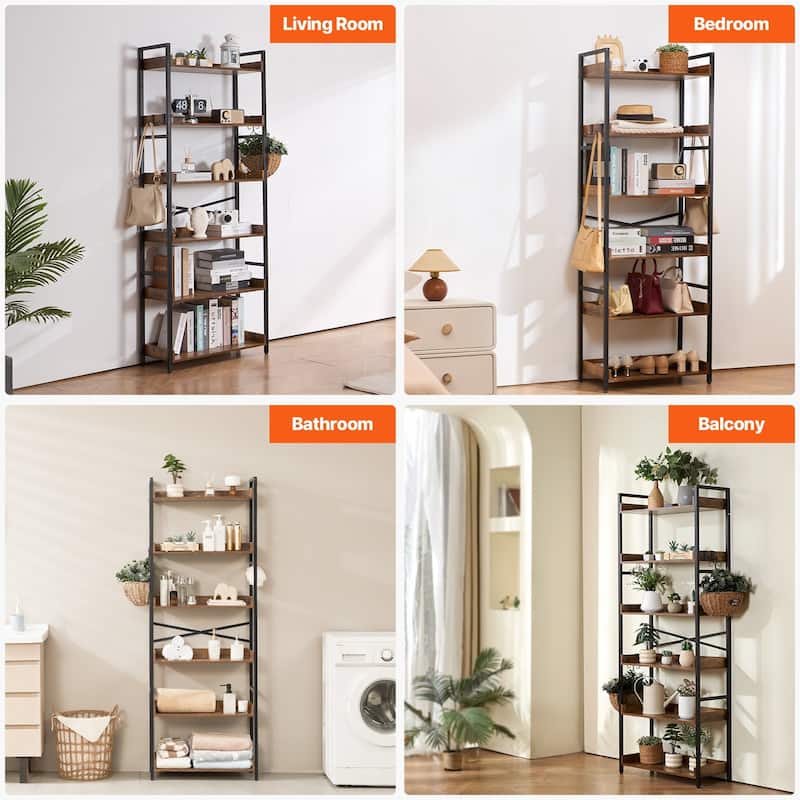 6-Tier Rustic Bookshelf with Black Metal Frame and Open Storage Space Perfect for Any Room - 25.59" x 11.81" x 69.29"