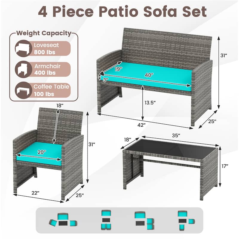 Gymax Set of 8 Patio Conversation Set w/Seat Cushions & Tempered Glass