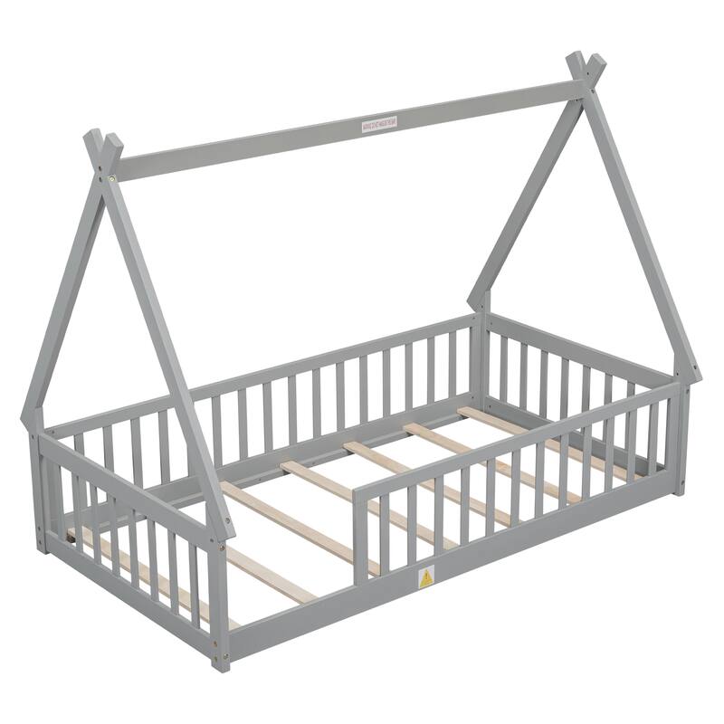 Twin Size Pine Wood Tent-Shaped Teepee Bed with Guardrails