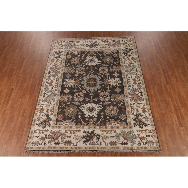 All-Over Floral Oushak Indian Area Rug Hand-Knotted Wool Carpet - 7'10"x 10'3"