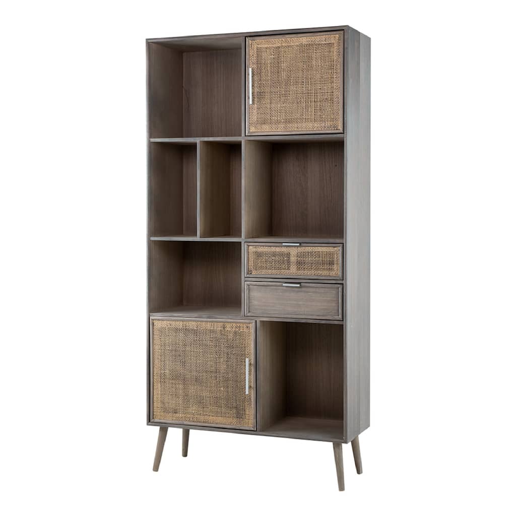 Modern Gray Cabinet with Woven Rattan Panels - Boho Storage Tower with Cubby Shelves for Any Room