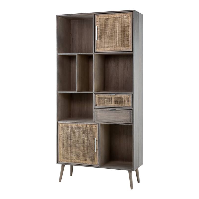 Modern Gray Cabinet with Woven Rattan Panels - Boho Storage Tower with Cubby Shelves for Any Room