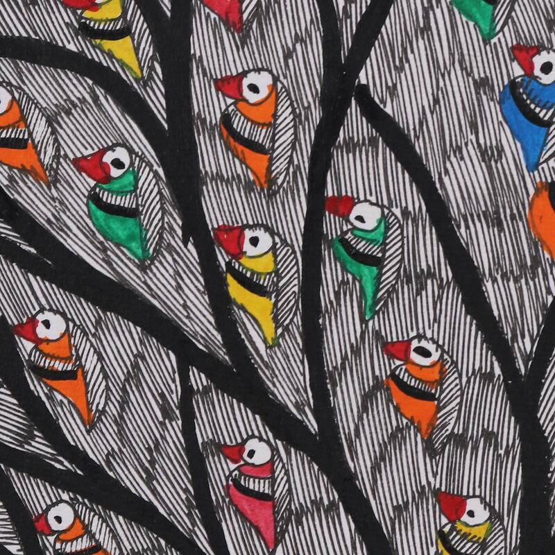 Novica Handmade Parrot Harmony Madhubani Painting