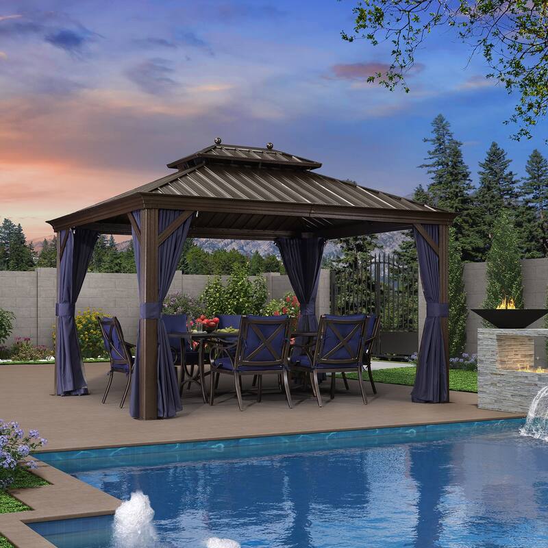 PURPLE LEAF Hardtop Aluminum Gazebo with Curtains and Netting, Double Roof Patio Gazebo - 10' x 14' (Hot Sale) - Navy Blue
