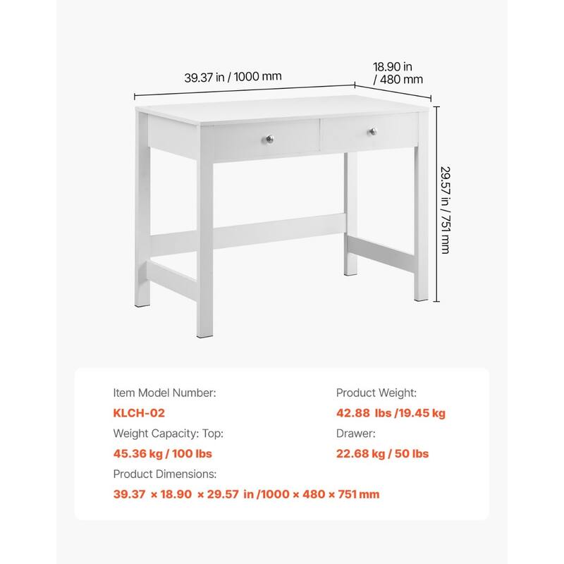 Compact White MDF Study Desk for Kids with 2 Drawers for Bedroom or School Use - 39.37” x 18.90” x 29.57”