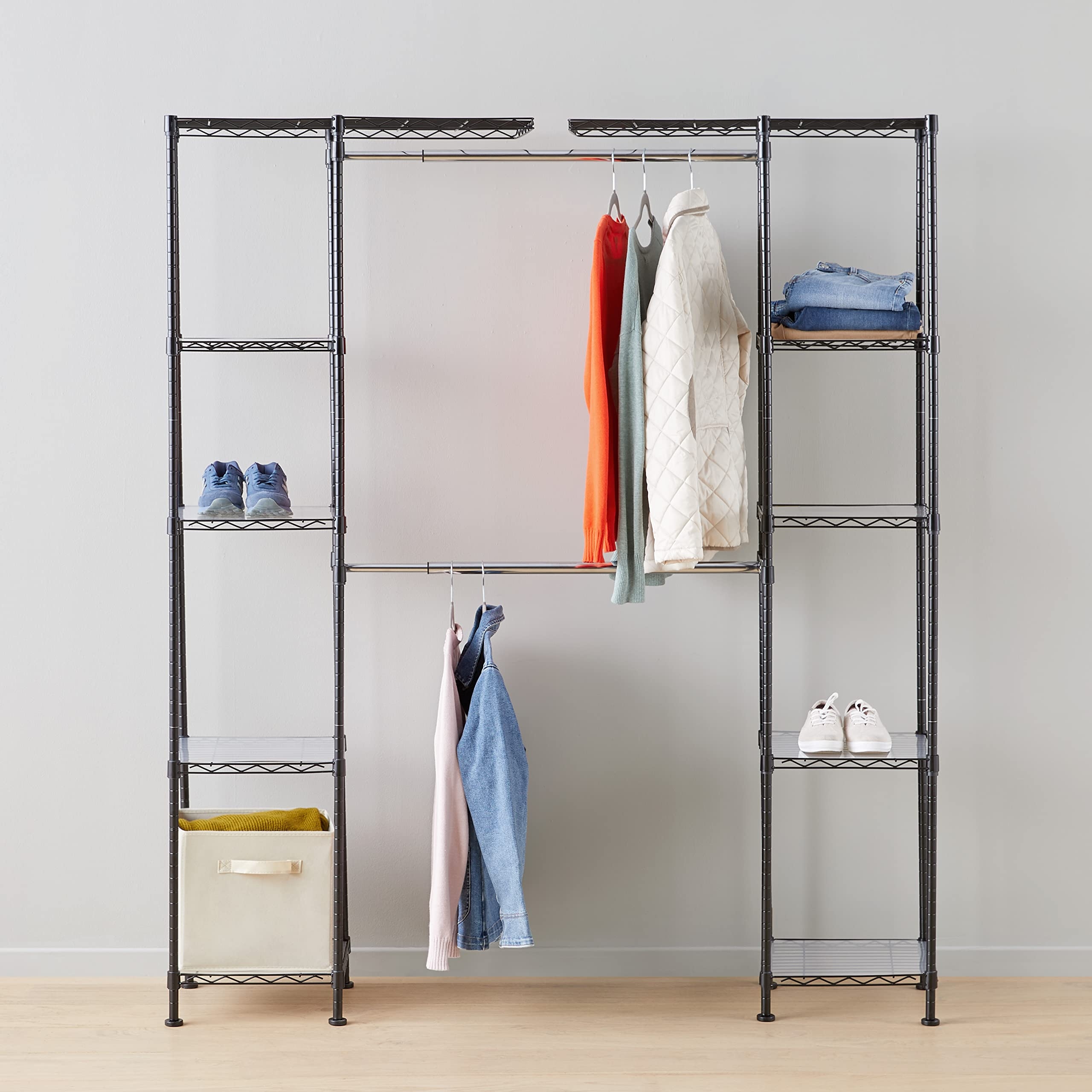 Expandable metal hanging storage shop organizer rack wardrobe with shelves