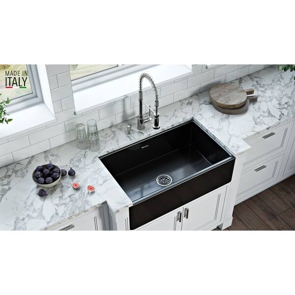 Ruvati 33 x 20 inch Fireclay Reversible Farmhouse Apron-Front Kitchen Sink Single Bowl - Gloss Black - RVL2300BK