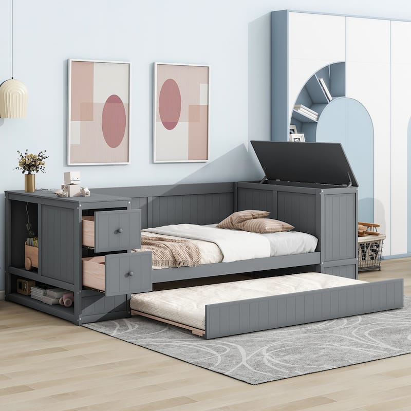 Roomfitters Twin Storage Daybed with Storage Arms, Pull-Out Trundle and Charging Station