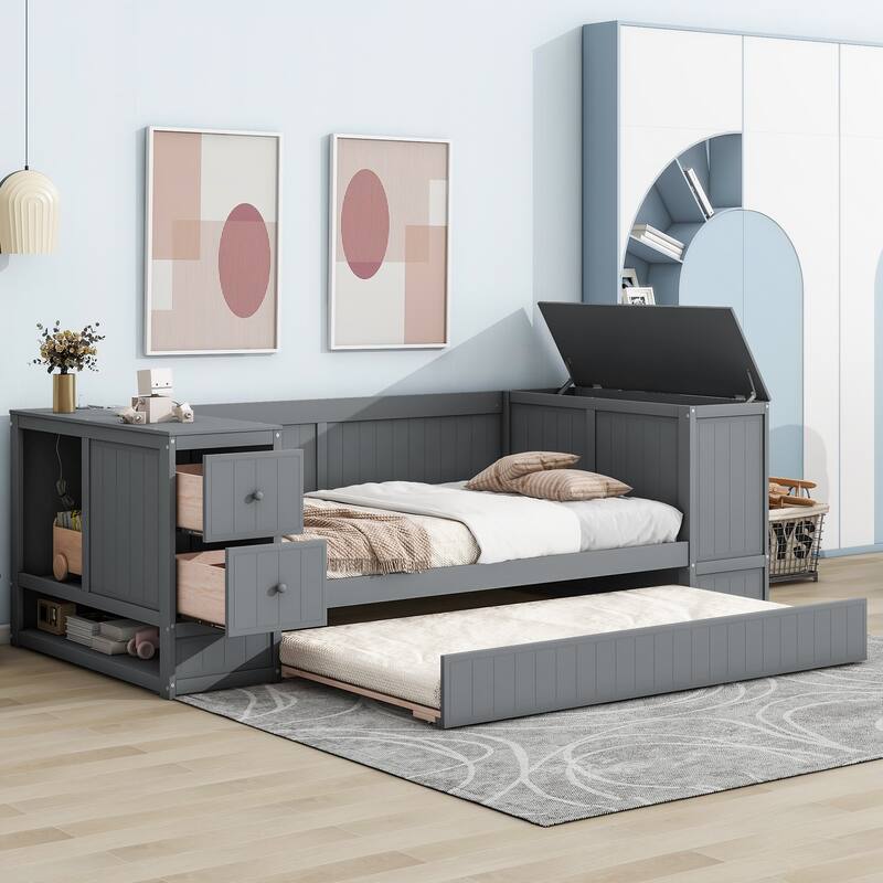 Twin Size Daybed with Storage, Trundle, and Charging Station in Gray