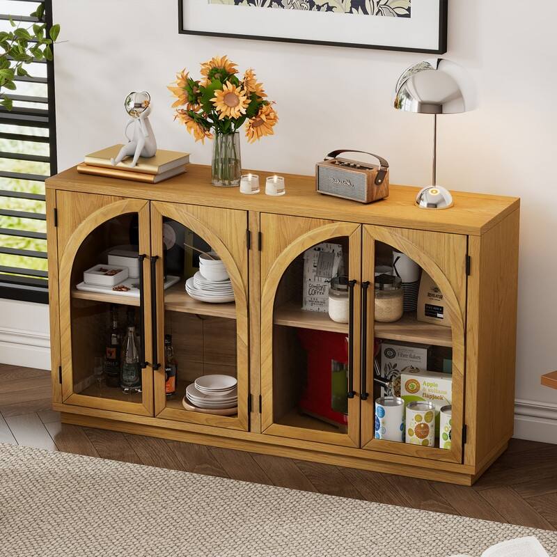 Retro Style Wood Buffet Sideboard with 4 Arched Glass Doors, Kitchen Storage Side Cabinet with Adjustable Shelves