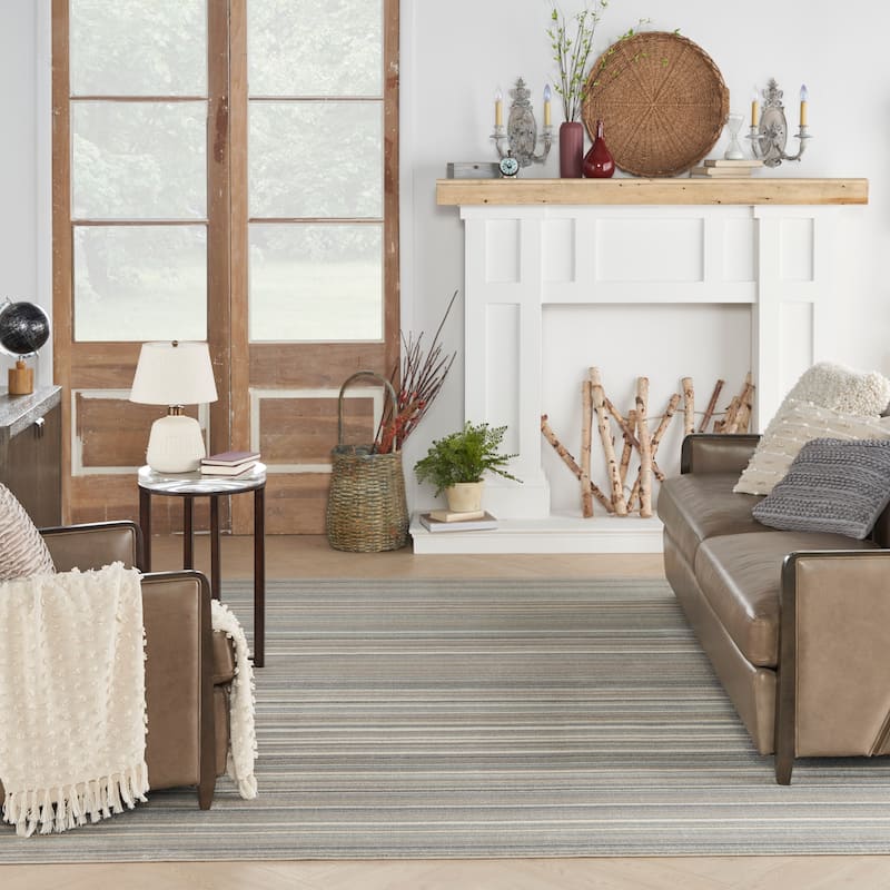 Nourison Soma Contemporary Linear Area Rug - 9' x 12' - Grey Ivory Teal - Rectangle