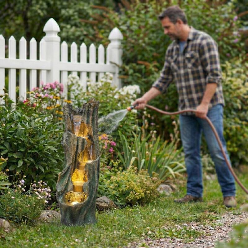 39.4 Inch Tree Design Outdoor Waterfall Fountain Freestanding Fiberglass Resin Water Feature with LED Lights - N/A